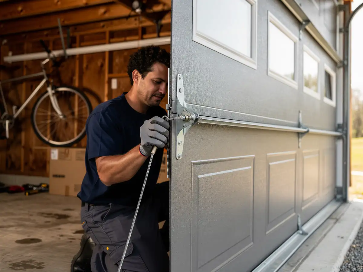 A technician kneels, working on the cable and roller of a gray garage door.