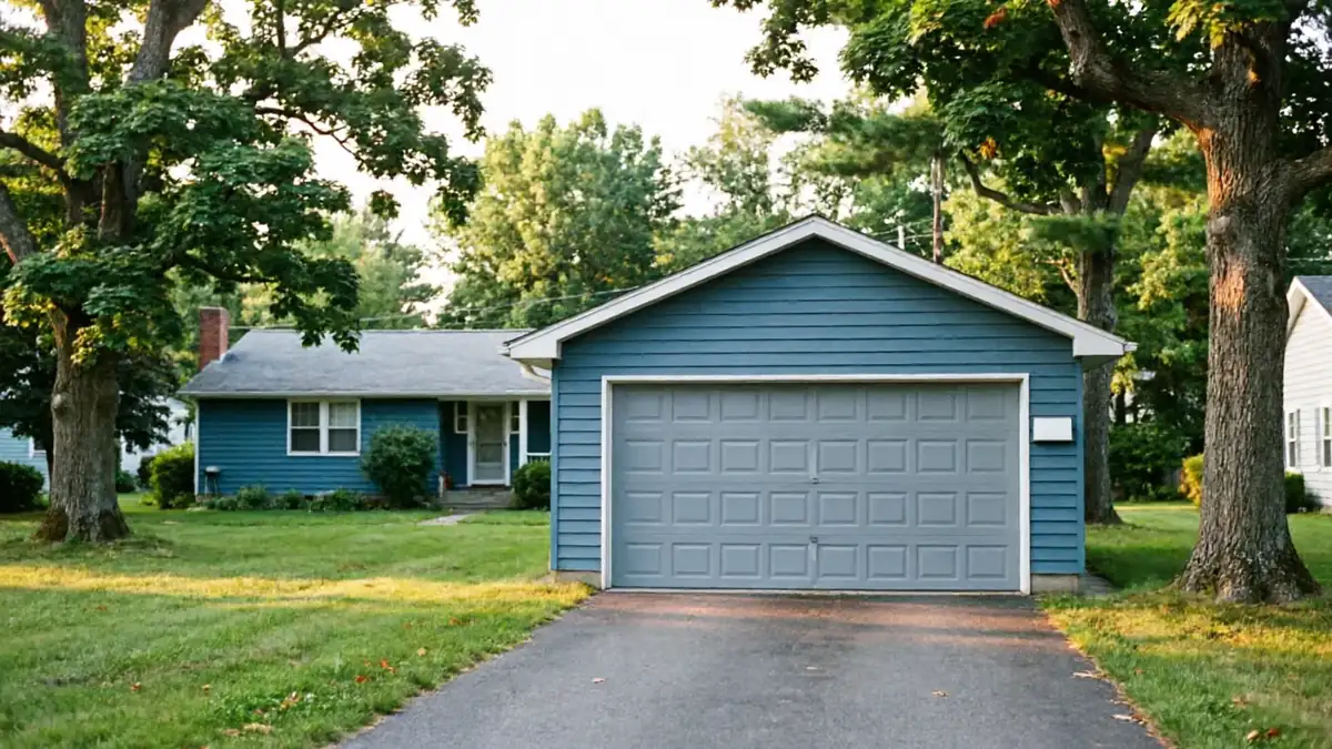 The gray garage door is on a blue house with a green lawn and trees.