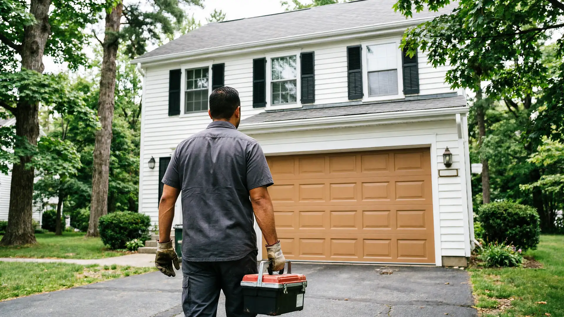 A technician carries a toolbox toward a white house with a brown garage door.