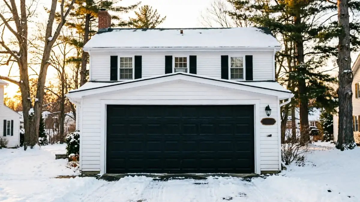 A white house with a black garage door is covered in snow.