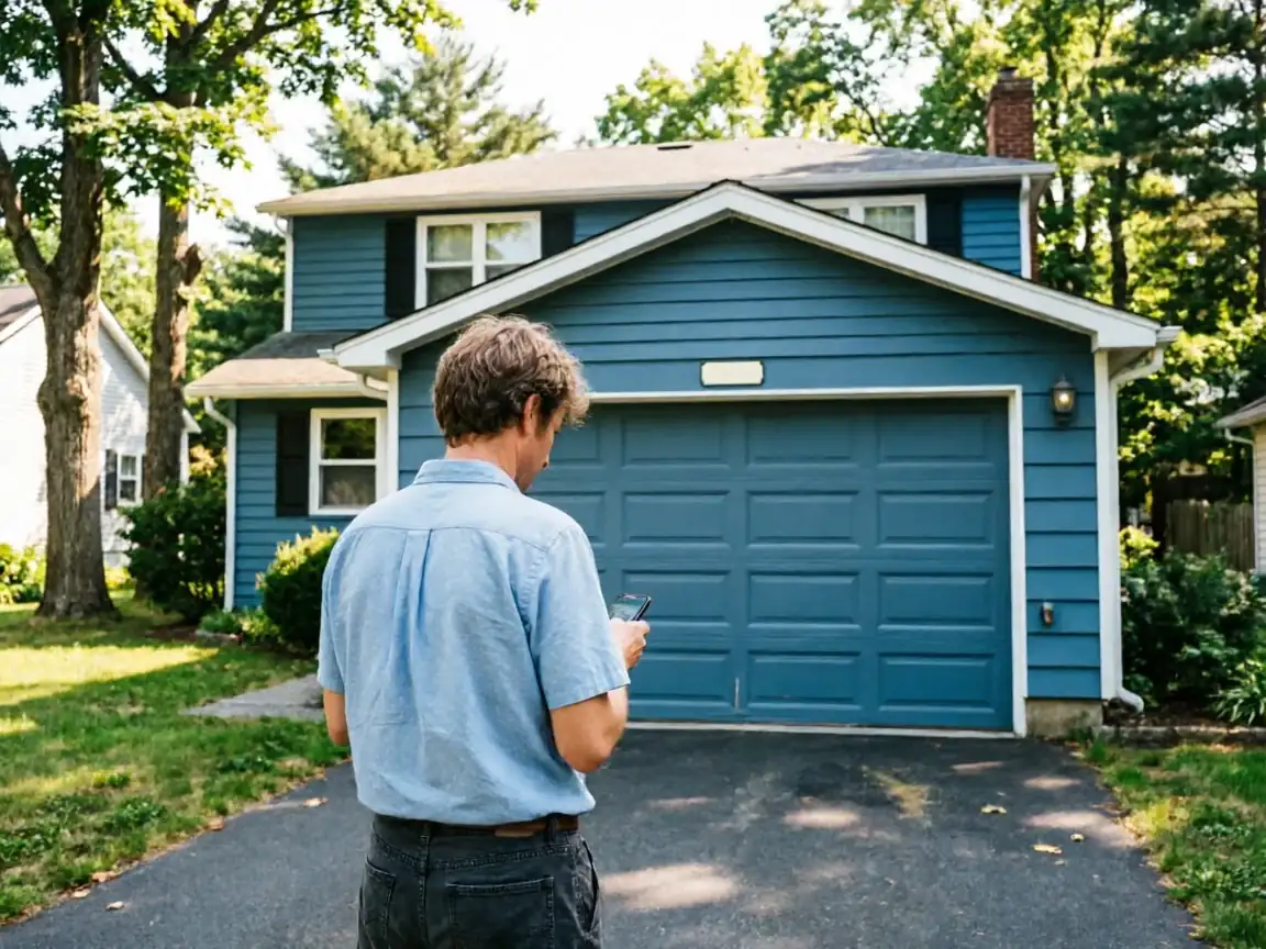 A man stands in a driveway looking at his phone in front of a blue house.