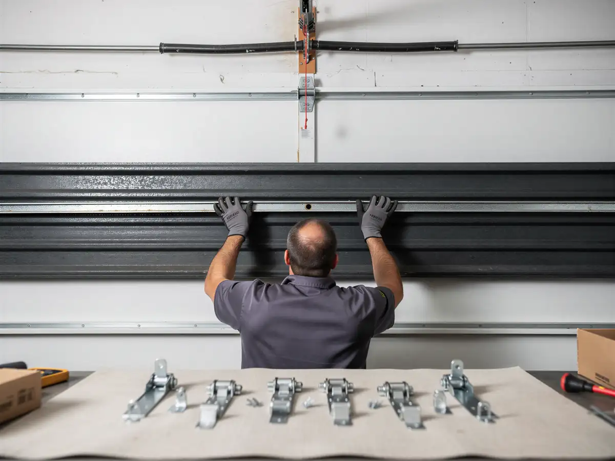 A technician installs a black garage door panel with new hinges on a table.