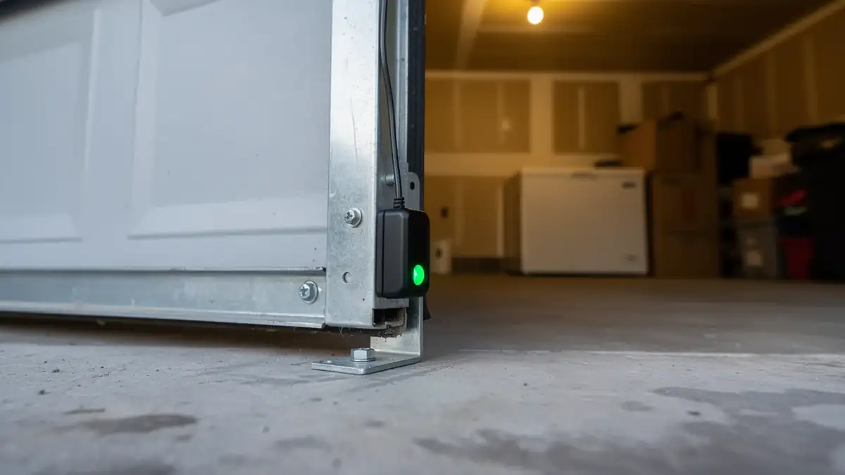 A black sensor with a green light is attached to the garage door track.