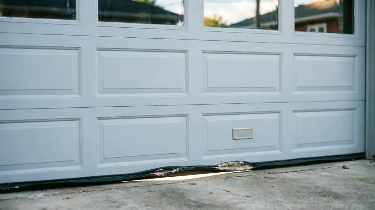 The garage door has a damaged bottom seal and a gap underneath.